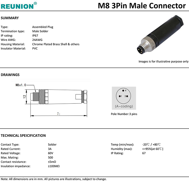 M8 3pin male plug